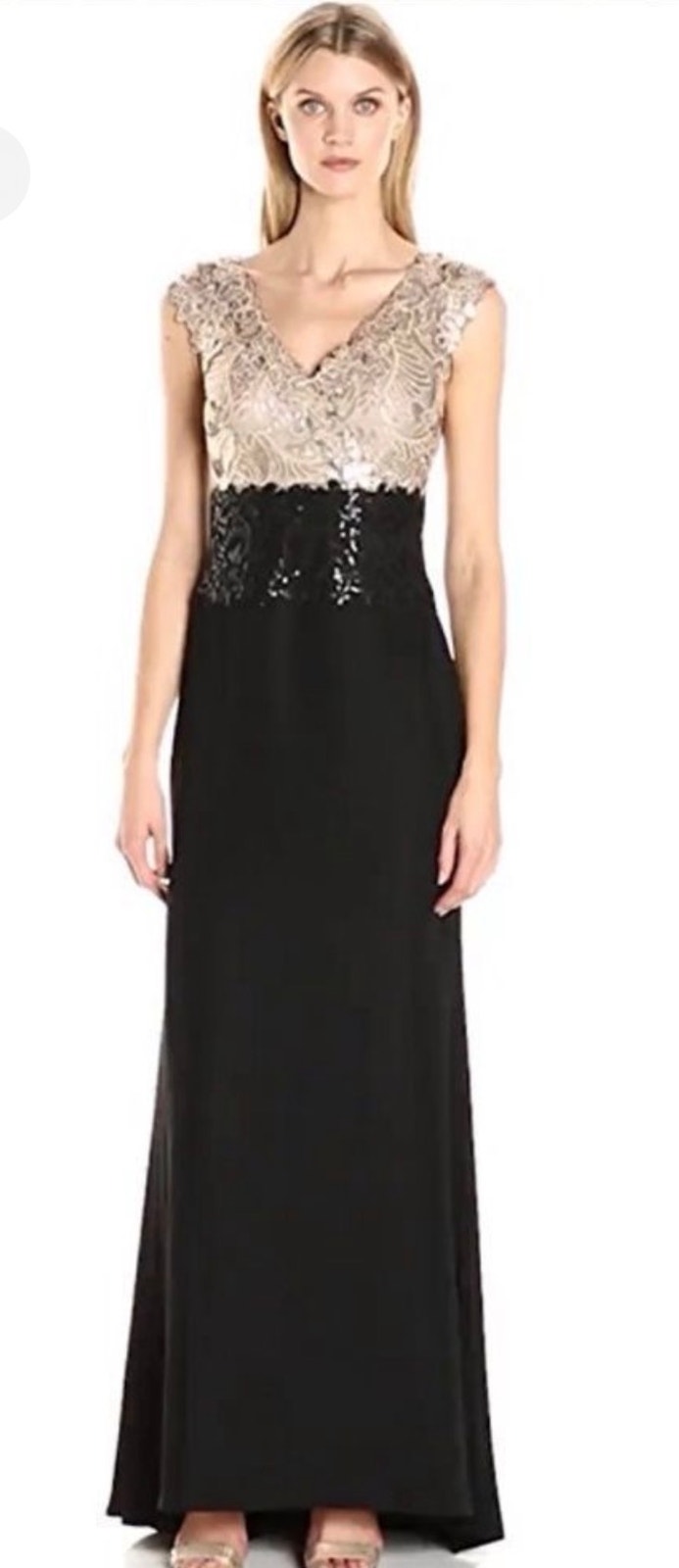 Tadashi Shoji Gown Sequin Bodice Fit & Flare Ginseng Black Size 14 Train Bustle